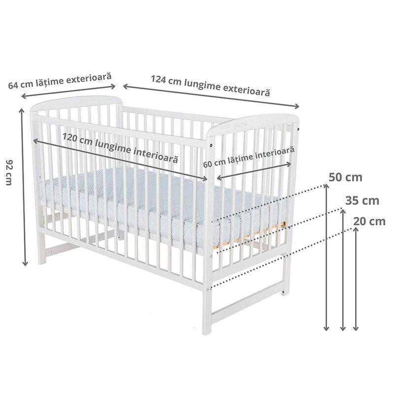 Pătuț BabyNeeds Ola 120x60 cm alb – schemă cu dimensiunile și reglajele somierei