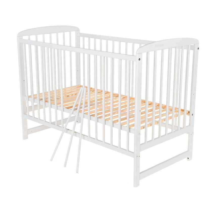 Patut din lemn bebe, 120x60 cm, Din lemn de pin, Stabil si rezistent, Inaltime saltea reglabila pe 3 nivele, Laterala cu 3 bete detasabile, EN716-1, EN716-2, Alb + Saltea 10 cm, Babyneeds, Ola