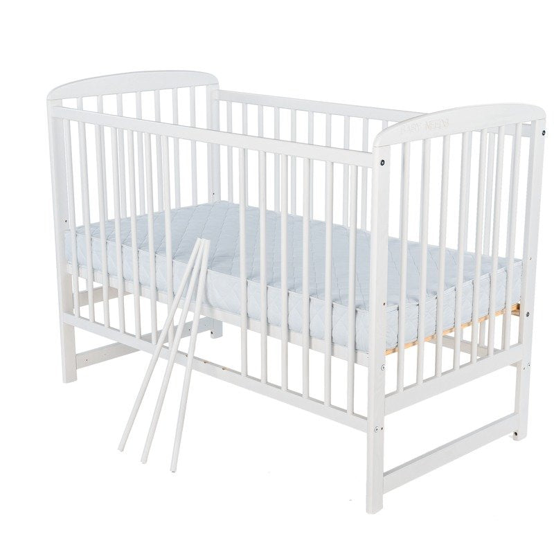 Patut din lemn bebe, 120x60 cm, Din lemn de pin, Stabil si rezistent, Inaltime saltea reglabila pe 3 nivele, Laterala cu 3 bete detasabile, EN716-1, EN716-2, Alb + Saltea 10 cm, Babyneeds, Ola