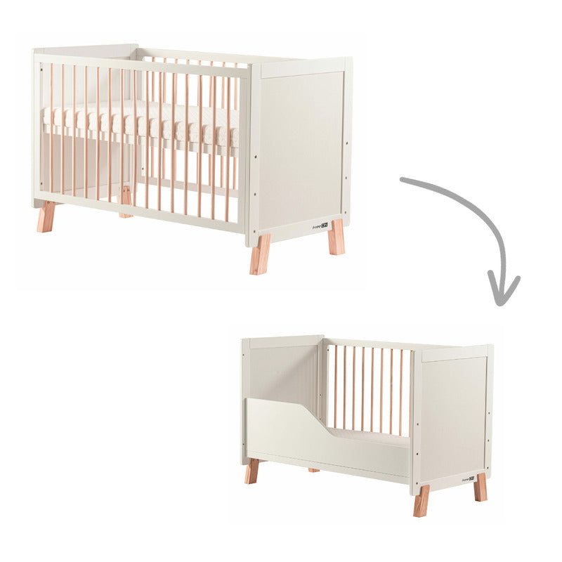 Patut din lemn bebe, 120x60 cm, Transformabil, Cu bariera de siguranta, Din lemn de pin si mdf, Stabil si rezistent, White, FreeON, Ava