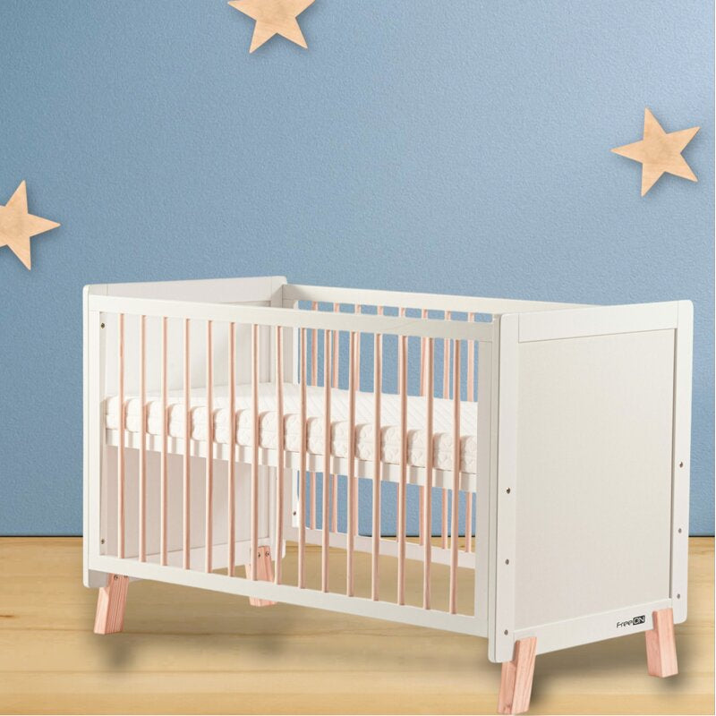 Patut din lemn bebe, 120x60 cm, Transformabil, Cu bariera de siguranta, Din lemn de pin si mdf, Stabil si rezistent, White, FreeON, Ava