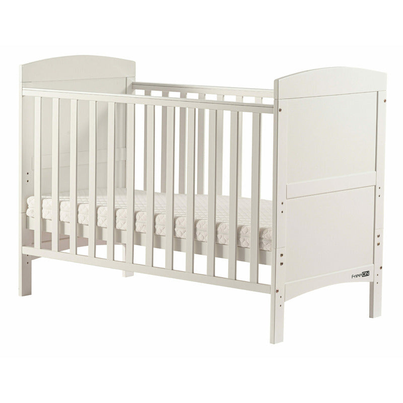 Patut din lemn bebe, 120x60 cm, Transformabil pentru bebe si junior, Din lemn de pin si mdf, Cu sina speciala pentru dentitie, Stabil si rezistent, White, FreeON, Lory