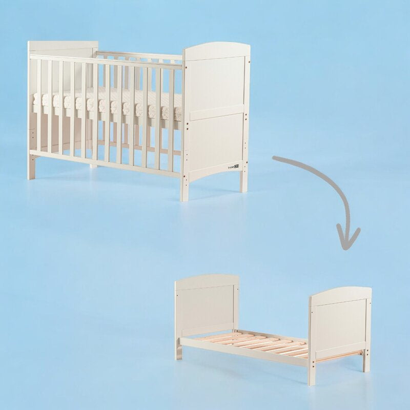 Patut din lemn bebe, 120x60 cm, Transformabil pentru bebe si junior, Din lemn de pin si mdf, Cu sina speciala pentru dentitie, Stabil si rezistent, White, FreeON, Lory