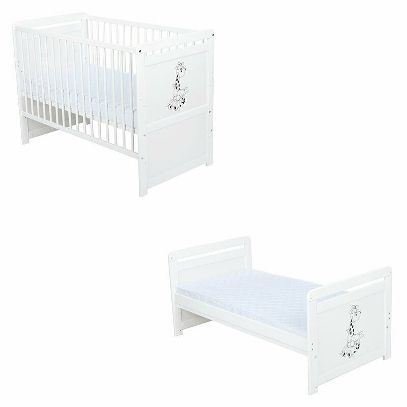 Pătuț BabyNeeds Nadia II Girafa 120x60 cm alb – prezentare a pătuțului și a configurației de pat junior