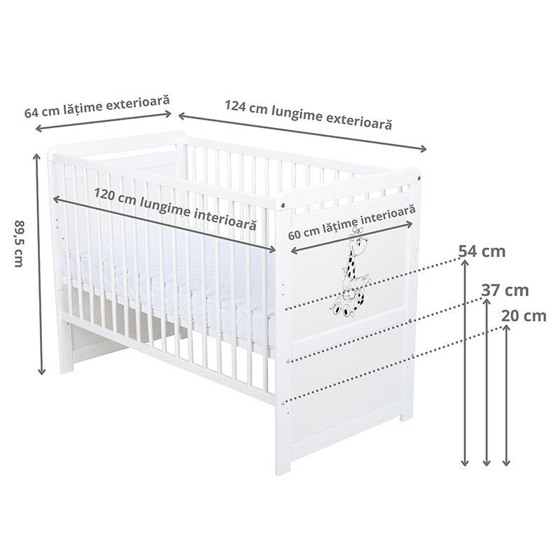 Pătuț BabyNeeds Nadia II Girafa 120x60 cm alb – schemă cu dimensiunile și înălțimile somierei