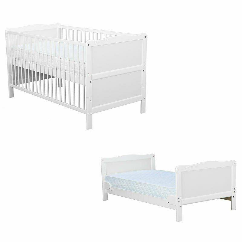Pătuț BabyNeeds Nadia 140x70 cm alb – prezentare a pătuțului și a configurației de pat junior