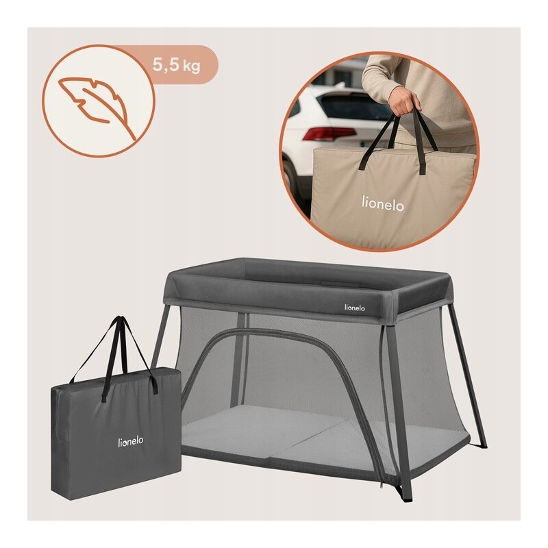 Patut multifunctional, Lionelo, Alice, 3 in 1, 2 trepte de inaltime pentru saltea, Pliabil, Material rezistent Oxford 300D, Cu iesire laterala, Geanta de transport, Pana 15 kg, 0 luni+, 104Ã—70Ã—74 cm, Gri