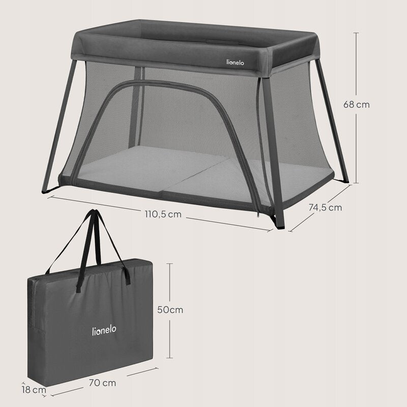 Patut multifunctional, Lionelo, Alice, 3 in 1, 2 trepte de inaltime pentru saltea, Pliabil, Material rezistent Oxford 300D, Cu iesire laterala, Geanta de transport, Pana 15 kg, 0 luni+, 104Ã—70Ã—74 cm, Gri