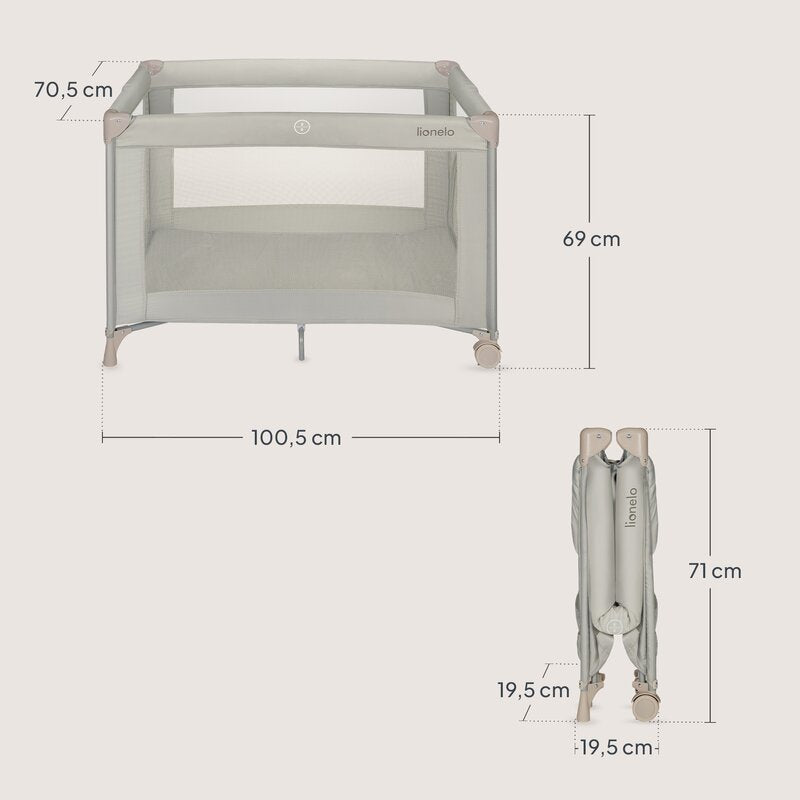 Pătuț Pliant Lionelo Amelie 100x70 cm | Intrare Laterală | Include Saltea, Roți, Geantă | 7 kg | Bej