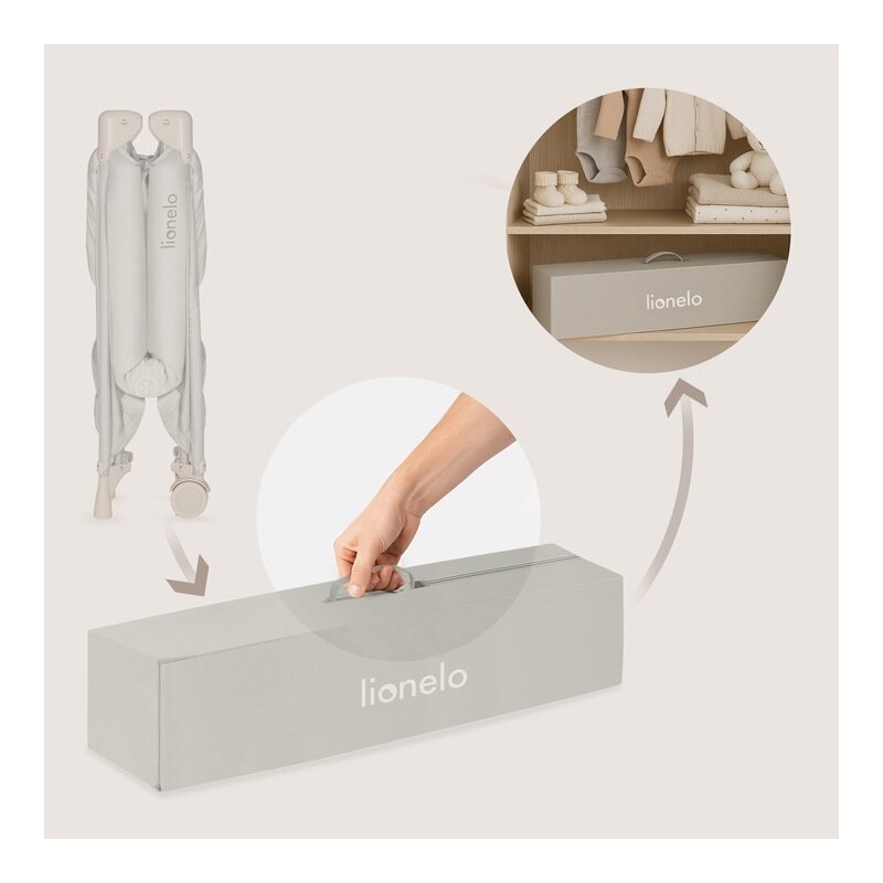 Pătuț Pliant Lionelo Amelie 100x70 cm | Intrare Laterală | Include Saltea, Roți, Geantă | 7 kg | Bej