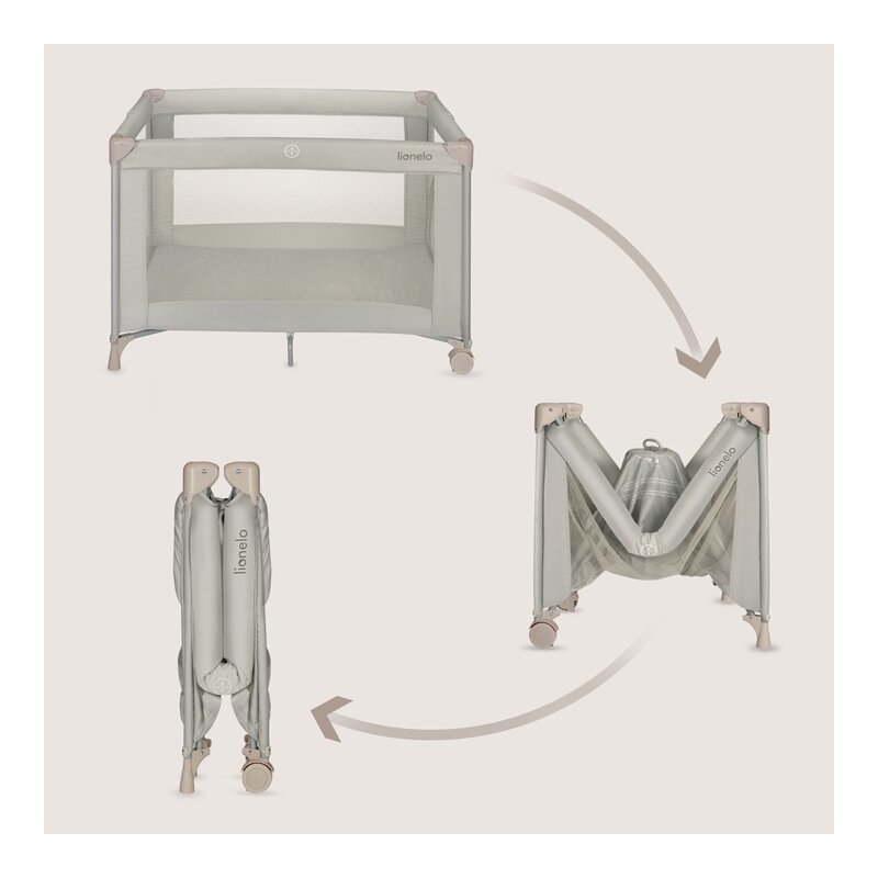 Pătuț Pliant Lionelo Amelie 100x70 cm | Intrare Laterală | Include Saltea, Roți, Geantă | 7 kg | Bej