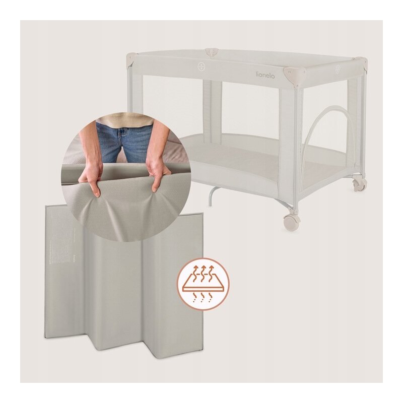 Pătuț Pliant Lionelo Amelie 100x70 cm | Intrare Laterală | Include Saltea, Roți, Geantă | 7 kg | Bej
