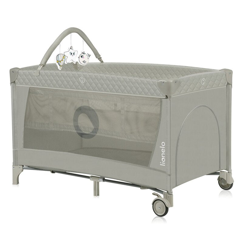 Patut pliant, Lionelo, Flower, Cu doua nivele, Cu arcada, Geanta transport, Masuta de infasat, Bara cu jucarii, Fereastra laterala, 120x60 cm, Conform cu standardele europeane de securitate EN 716 si EN12221, Cappuccino