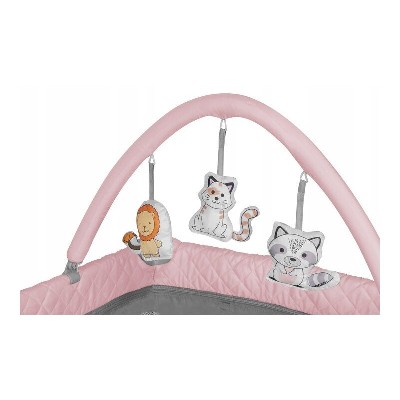 Patut pliant, Lionelo, Flower, Cu doua nivele, Cu arcada, Geanta transport, Masuta de infasat, Bara cu jucarii, Fereastra laterala, 120x60 cm, Conform cu standardele europeane de securitate EN 716 si EN12221, Roz