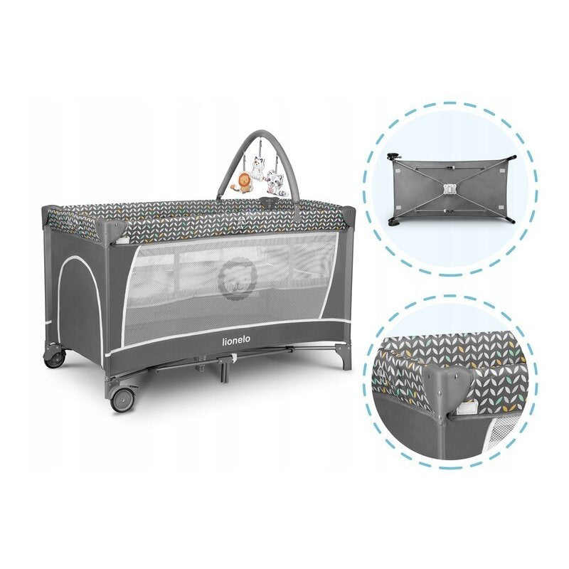 Patut pliant, Lionelo, Flower, Cu doua nivele, Cu arcada, Geanta transport, Masuta de infasat, Bara cu jucarii, Fereastra laterala, 120x60 cm, Conform cu standardele europeane de securitate EN 716 si EN12221, Gri