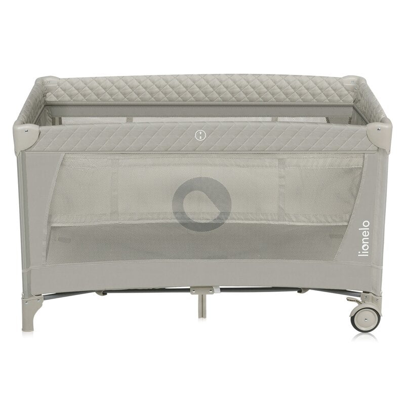 Patut pliant, Lionelo, Flower, Cu doua nivele, Cu arcada, Geanta transport, Masuta de infasat, Bara cu jucarii, Fereastra laterala, 120x60 cm, Conform cu standardele europeane de securitate EN 716 si EN12221, Cappuccino