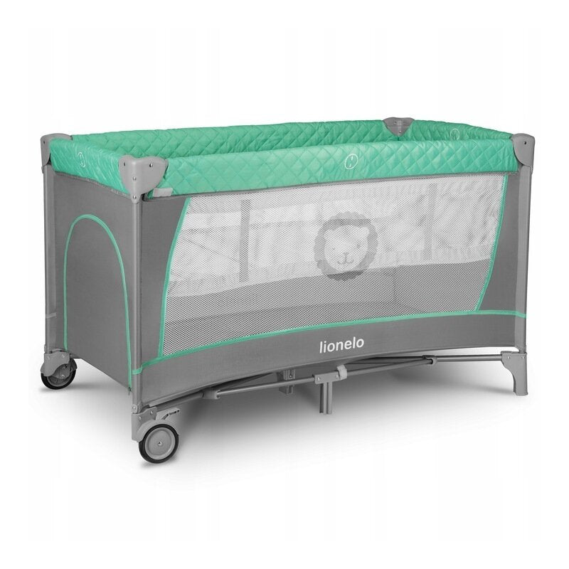Patut pliant, Lionelo, Flower, Cu doua nivele, Cu arcada, Geanta transport, Masuta de infasat, Bara cu jucarii, Fereastra laterala, 120x60 cm, Conform cu standardele europeane de securitate EN 716 si EN12221, Turcoaz