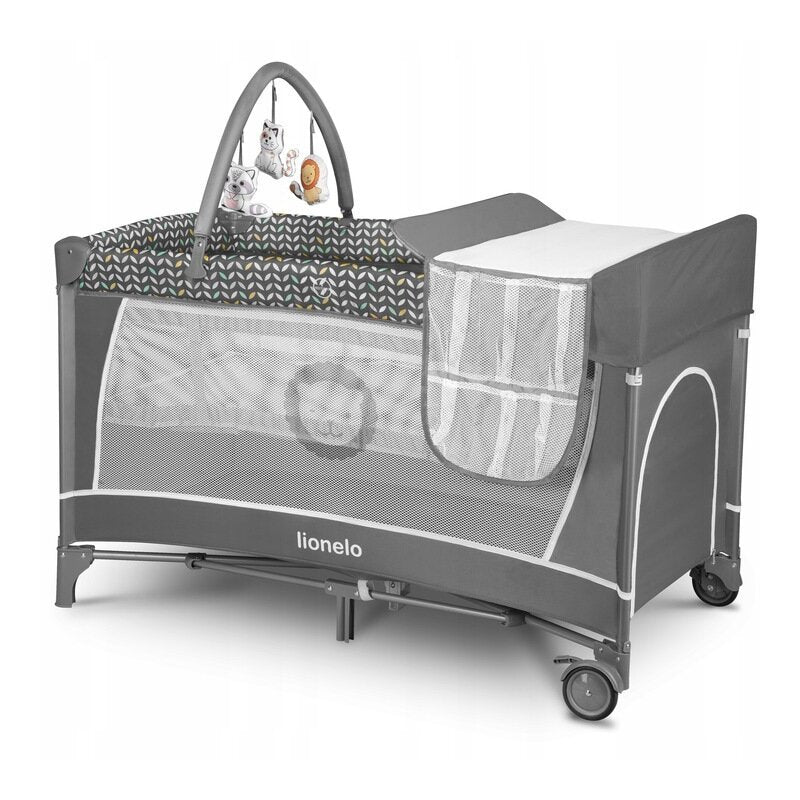 Patut pliant, Lionelo, Flower, Cu doua nivele, Cu arcada, Geanta transport, Masuta de infasat, Bara cu jucarii, Fereastra laterala, 120x60 cm, Conform cu standardele europeane de securitate EN 716 si EN12221, Gri