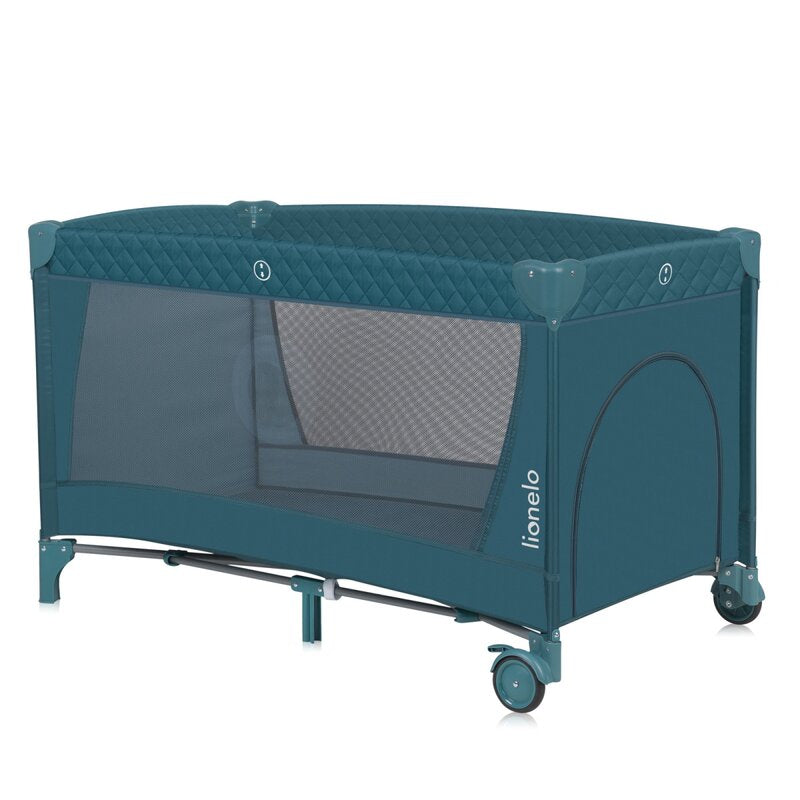 Patut pliant, Lionelo, Flower, Cu doua nivele, Cu arcada, Geanta transport, Masuta de infasat, Bara cu jucarii, Fereastra laterala, 120x60 cm, Conform cu standardele europeane de securitate EN 716 si EN12221, Verde