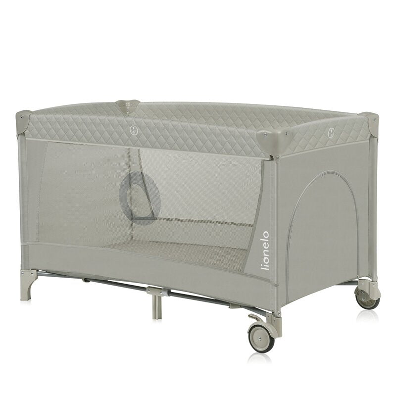 Patut pliant, Lionelo, Flower, Cu doua nivele, Cu arcada, Geanta transport, Masuta de infasat, Bara cu jucarii, Fereastra laterala, 120x60 cm, Conform cu standardele europeane de securitate EN 716 si EN12221, Cappuccino