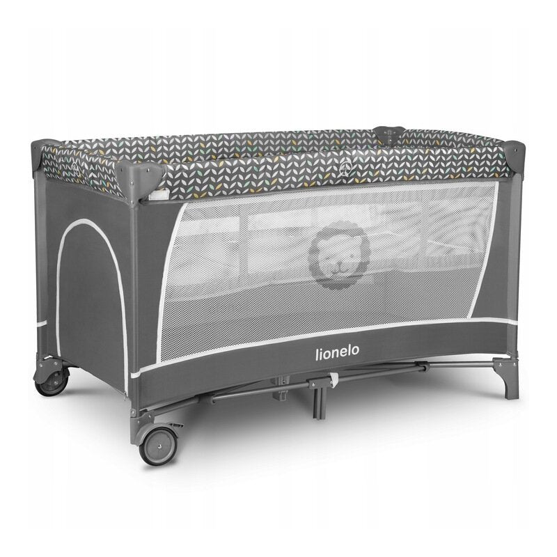 Patut pliant, Lionelo, Flower, Cu doua nivele, Cu arcada, Geanta transport, Masuta de infasat, Bara cu jucarii, Fereastra laterala, 120x60 cm, Conform cu standardele europeane de securitate EN 716 si EN12221, Gri