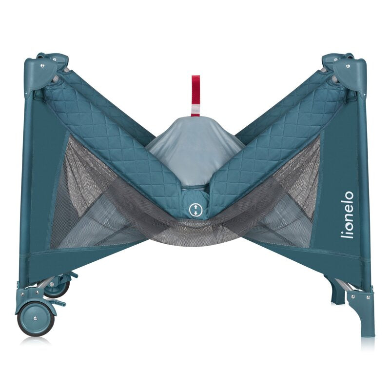 Patut pliant, Lionelo, Flower, Cu doua nivele, Cu arcada, Geanta transport, Masuta de infasat, Bara cu jucarii, Fereastra laterala, 120x60 cm, Conform cu standardele europeane de securitate EN 716 si EN12221, Verde