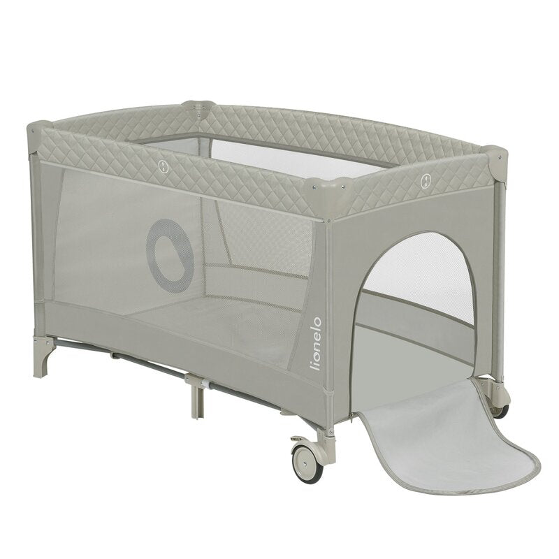Patut pliant, Lionelo, Flower, Cu doua nivele, Cu arcada, Geanta transport, Masuta de infasat, Bara cu jucarii, Fereastra laterala, 120x60 cm, Conform cu standardele europeane de securitate EN 716 si EN12221, Cappuccino