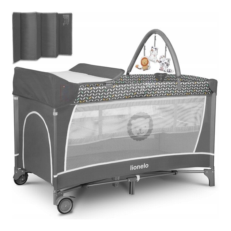 Patut pliant, Lionelo, Flower, Cu doua nivele, Cu arcada, Geanta transport, Masuta de infasat, Bara cu jucarii, Fereastra laterala, 120x60 cm, Conform cu standardele europeane de securitate EN 716 si EN12221, Gri