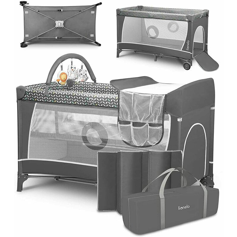 Patut pliant, Lionelo, Flower, Cu doua nivele, Cu arcada, Geanta transport, Masuta de infasat, Bara cu jucarii, Fereastra laterala, 120x60 cm, Conform cu standardele europeane de securitate EN 716 si EN12221, Gri