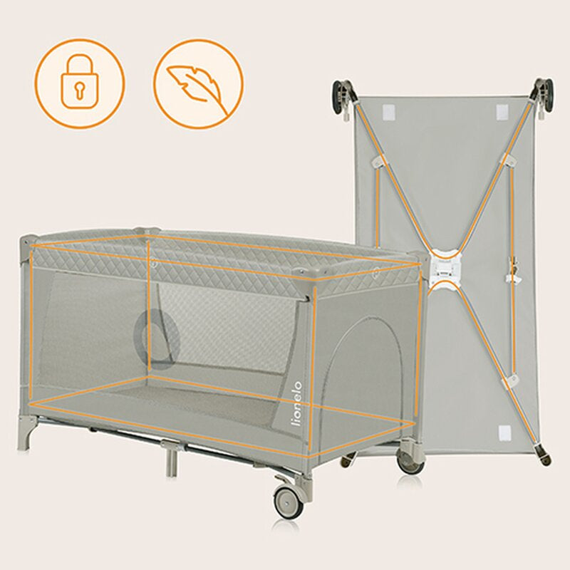 Patut pliant, Lionelo, Flower, Cu doua nivele, Cu arcada, Geanta transport, Masuta de infasat, Bara cu jucarii, Fereastra laterala, 120x60 cm, Conform cu standardele europeane de securitate EN 716 si EN12221, Cappuccino