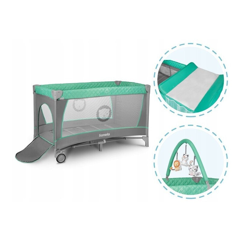 Patut pliant, Lionelo, Flower, Cu doua nivele, Cu arcada, Geanta transport, Masuta de infasat, Bara cu jucarii, Fereastra laterala, 120x60 cm, Conform cu standardele europeane de securitate EN 716 si EN12221, Turcoaz