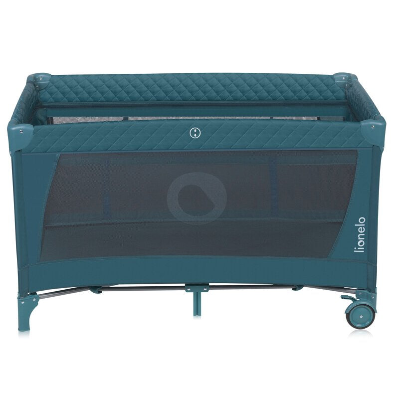 Patut pliant, Lionelo, Flower, Cu doua nivele, Cu arcada, Geanta transport, Masuta de infasat, Bara cu jucarii, Fereastra laterala, 120x60 cm, Conform cu standardele europeane de securitate EN 716 si EN12221, Verde