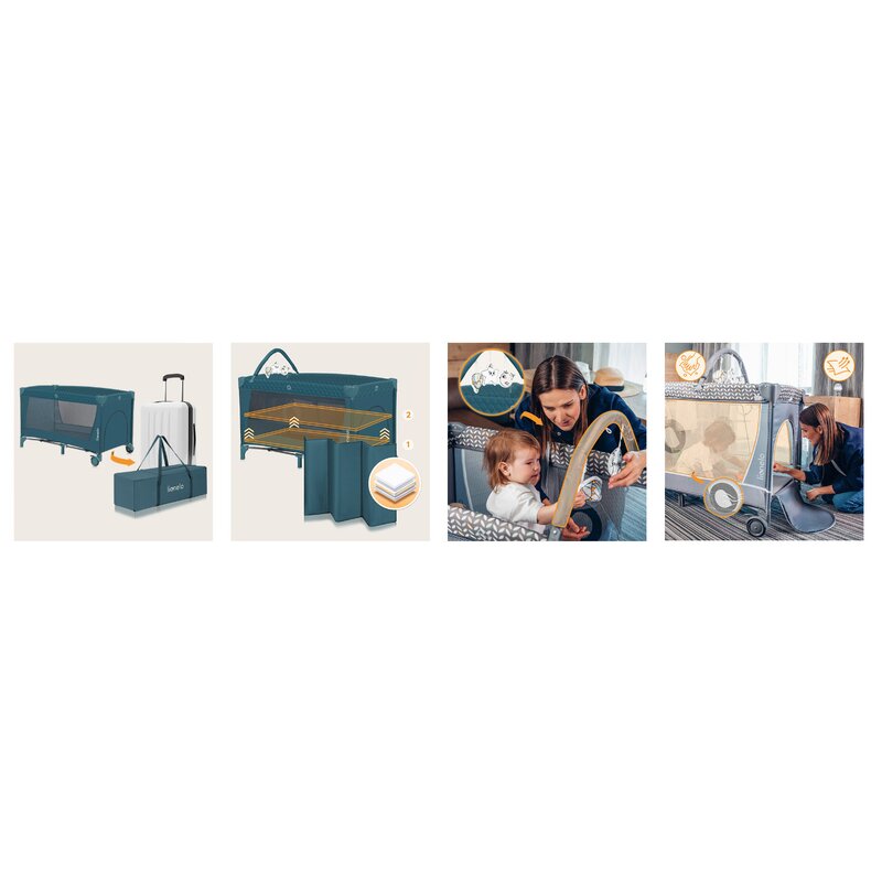 Patut pliant, Lionelo, Flower, Cu doua nivele, Cu arcada, Geanta transport, Masuta de infasat, Bara cu jucarii, Fereastra laterala, 120x60 cm, Conform cu standardele europeane de securitate EN 716 si EN12221, Verde