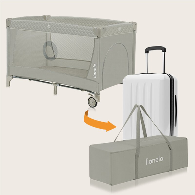 Patut pliant, Lionelo, Flower, Cu doua nivele, Cu arcada, Geanta transport, Masuta de infasat, Bara cu jucarii, Fereastra laterala, 120x60 cm, Conform cu standardele europeane de securitate EN 716 si EN12221, Cappuccino