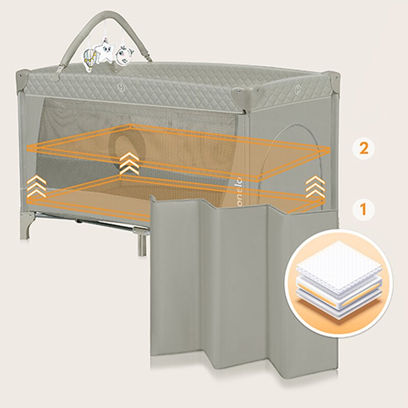 Patut pliant, Lionelo, Flower, Cu doua nivele, Cu arcada, Geanta transport, Masuta de infasat, Bara cu jucarii, Fereastra laterala, 120x60 cm, Conform cu standardele europeane de securitate EN 716 si EN12221, Cappuccino