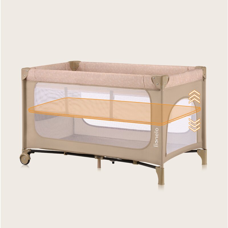 Patut pliant, Lionelo, Jasmin Easy Fold, Pana la 15 kg, Usor de pliat, Cu doua nivele, Cu saltea ergonomica T25, Cu intrare laterala cu fermoar, 2 roti cu frana, 123 x 67 cm, Conform cu EN 716, 0-36 luni, Bej