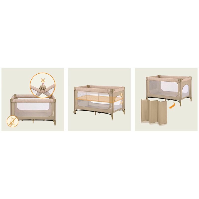 Patut pliant, Lionelo, Jasmin Easy Fold, Pana la 15 kg, Usor de pliat, Cu doua nivele, Cu saltea ergonomica T25, Cu intrare laterala cu fermoar, 2 roti cu frana, 123 x 67 cm, Conform cu EN 716, 0-36 luni, Bej