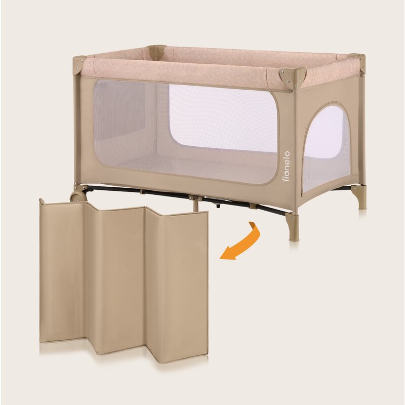 Patut pliant, Lionelo, Jasmin Easy Fold, Pana la 15 kg, Usor de pliat, Cu doua nivele, Cu saltea ergonomica T25, Cu intrare laterala cu fermoar, 2 roti cu frana, 123 x 67 cm, Conform cu EN 716, 0-36 luni, Bej