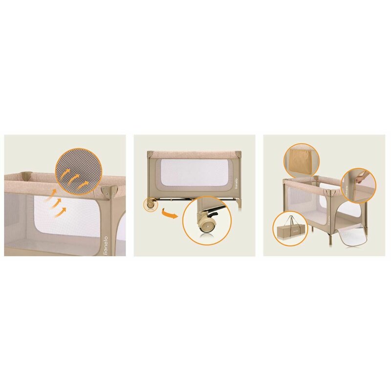 Patut pliant, Lionelo, Jasmin Easy Fold, Pana la 15 kg, Usor de pliat, Cu doua nivele, Cu saltea ergonomica T25, Cu intrare laterala cu fermoar, 2 roti cu frana, 123 x 67 cm, Conform cu EN 716, 0-36 luni, Bej
