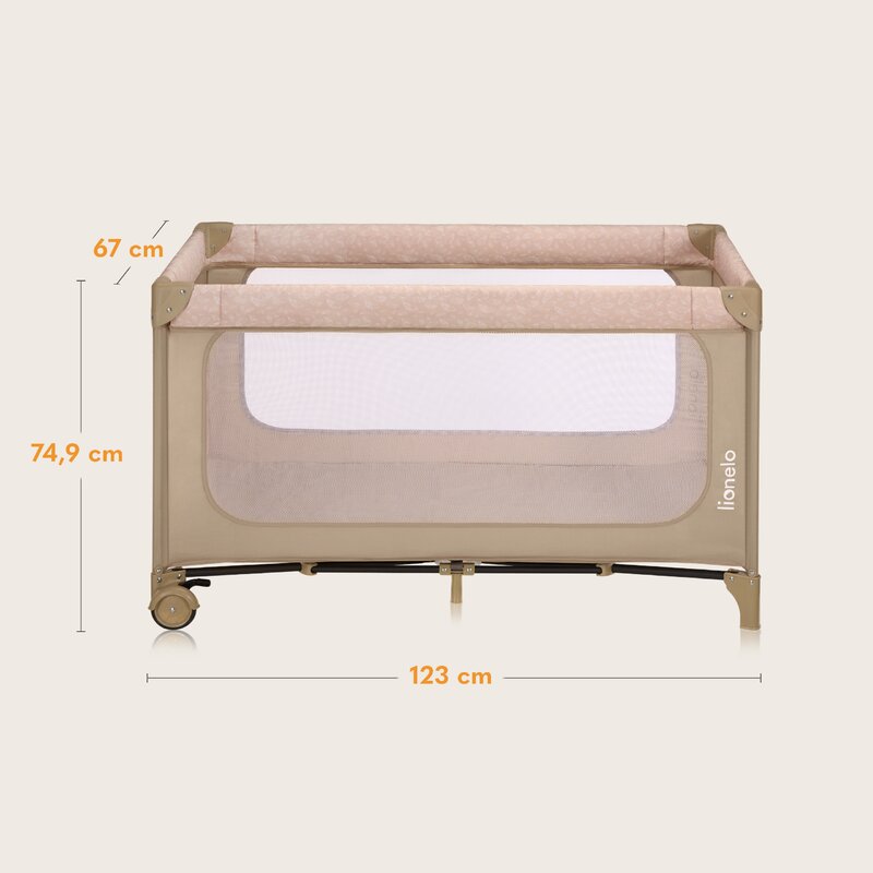 Patut pliant, Lionelo, Jasmin Easy Fold, Pana la 15 kg, Usor de pliat, Cu doua nivele, Cu saltea ergonomica T25, Cu intrare laterala cu fermoar, 2 roti cu frana, 123 x 67 cm, Conform cu EN 716, 0-36 luni, Bej