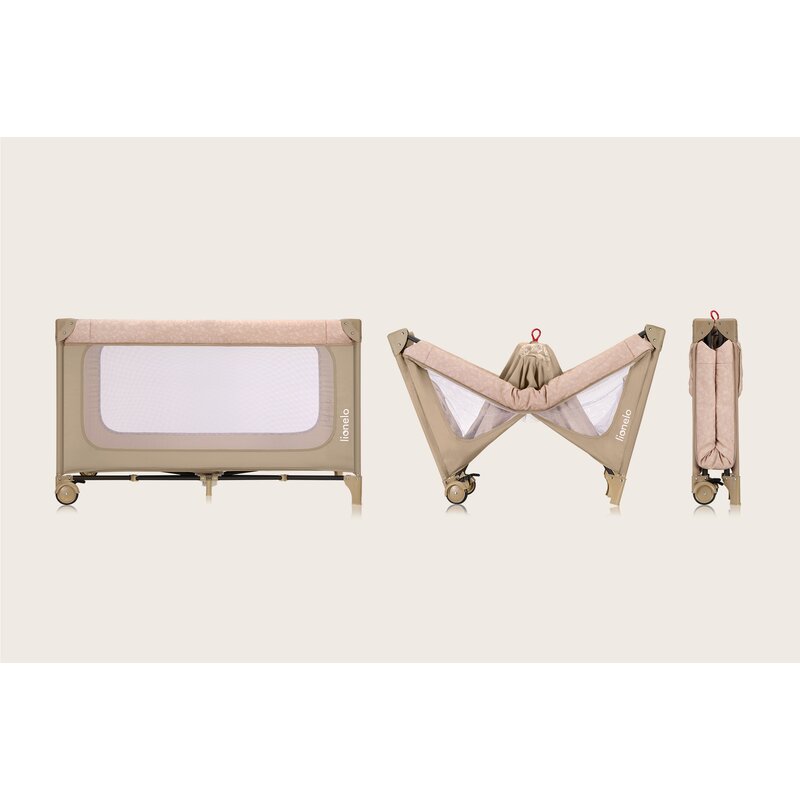 Patut pliant, Lionelo, Jasmin Easy Fold, Pana la 15 kg, Usor de pliat, Cu doua nivele, Cu saltea ergonomica T25, Cu intrare laterala cu fermoar, 2 roti cu frana, 123 x 67 cm, Conform cu EN 716, 0-36 luni, Bej
