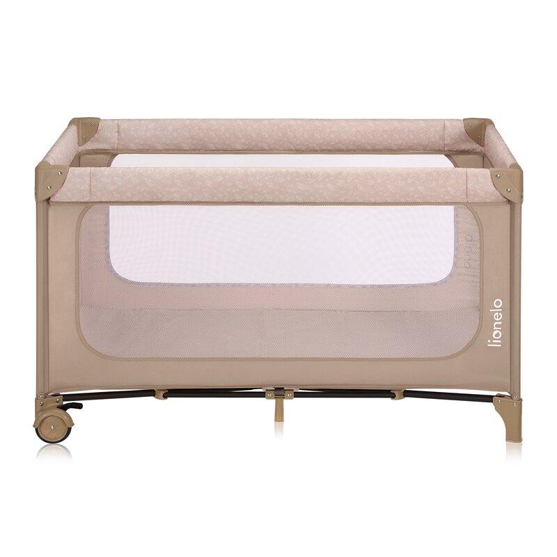 Patut pliant, Lionelo, Jasmin Easy Fold, Pana la 15 kg, Usor de pliat, Cu doua nivele, Cu saltea ergonomica T25, Cu intrare laterala cu fermoar, 2 roti cu frana, 123 x 67 cm, Conform cu EN 716, 0-36 luni, Bej