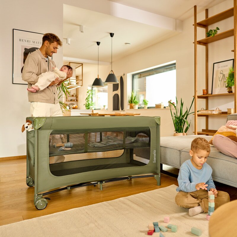 Patut pliant, Lionelo, Jasmin Easy Fold, Pana la 15 kg, Usor de pliat, Cu doua nivele, Cu saltea ergonomica T25, Cu intrare laterala cu fermoar, 2 roti cu frana, 123 x 67 cm, Conform cu EN 716, 0-36 luni, Bej