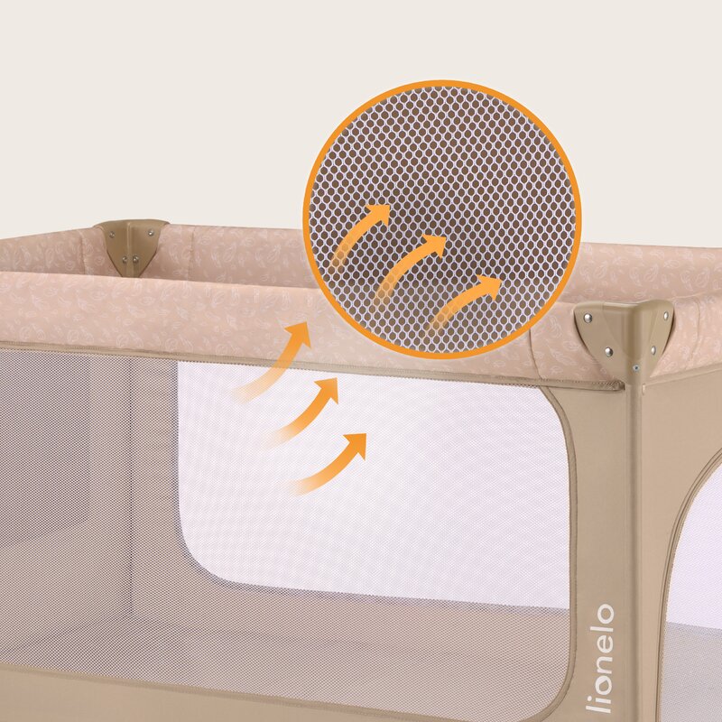 Patut pliant, Lionelo, Jasmin Easy Fold, Pana la 15 kg, Usor de pliat, Cu doua nivele, Cu saltea ergonomica T25, Cu intrare laterala cu fermoar, 2 roti cu frana, 123 x 67 cm, Conform cu EN 716, 0-36 luni, Bej