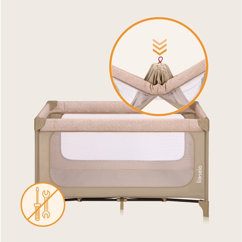 Patut pliant, Lionelo, Jasmin Easy Fold, Pana la 15 kg, Usor de pliat, Cu doua nivele, Cu saltea ergonomica T25, Cu intrare laterala cu fermoar, 2 roti cu frana, 123 x 67 cm, Conform cu EN 716, 0-36 luni, Bej