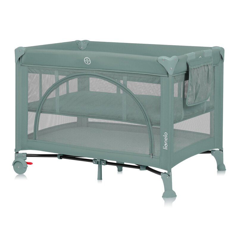 Patut pliant, Lionelo, Laura, 102 x 74 cm, Cu doua nivele, Functie de tarc, Cu roti, Include salteluta si geanta de transport, Pereti din plasa, Deschidere laterala, Pana la 15 kg, 0 luni +, Verde