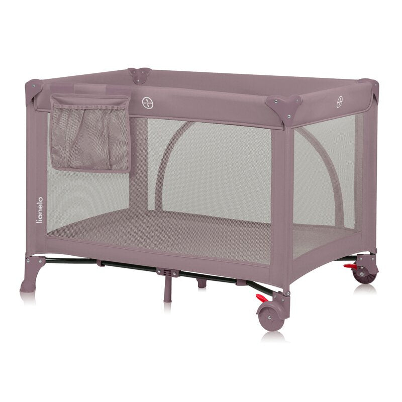 Patut pliant, Lionelo, Laura, 102 x 74 cm, Cu doua nivele, Functie de tarc, Cu roti, Include salteluta si geanta de transport, Pereti din plasa, Deschidere laterala, Pana la 15 kg, 0 luni +, Roz