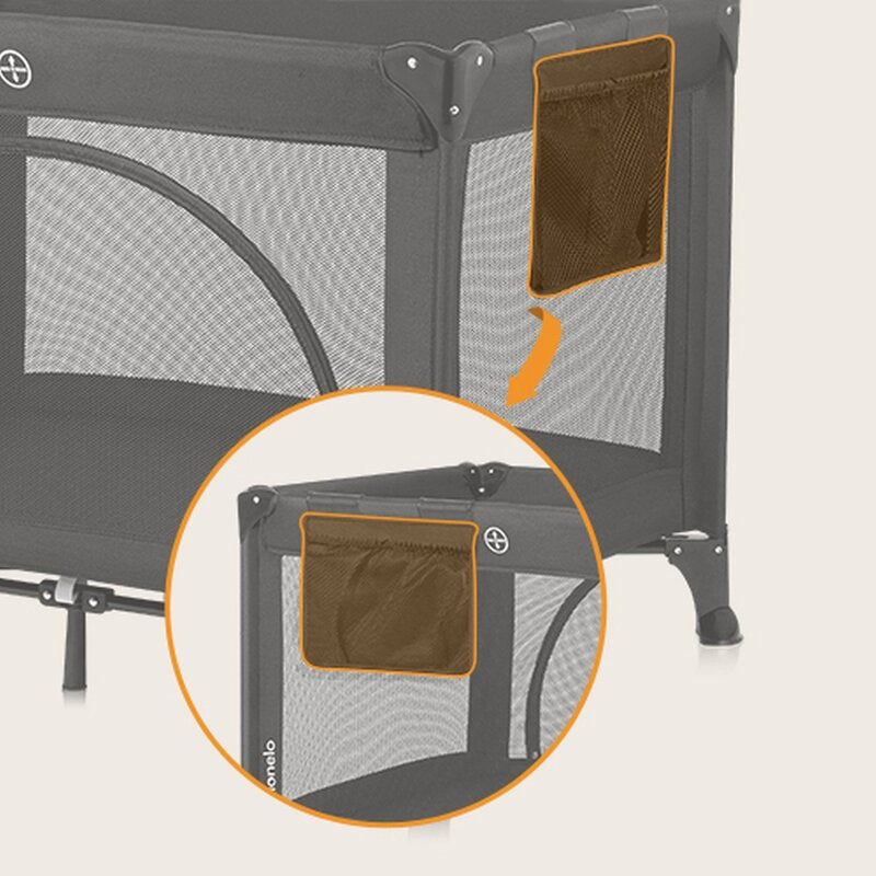 Patut pliant, Lionelo, Laura, 102 x 74 cm, Cu doua nivele, Functie de tarc, Cu roti, Include salteluta si geanta de transport, Pereti din plasa, Deschidere laterala, Pana la 15 kg, 0 luni +, Negru