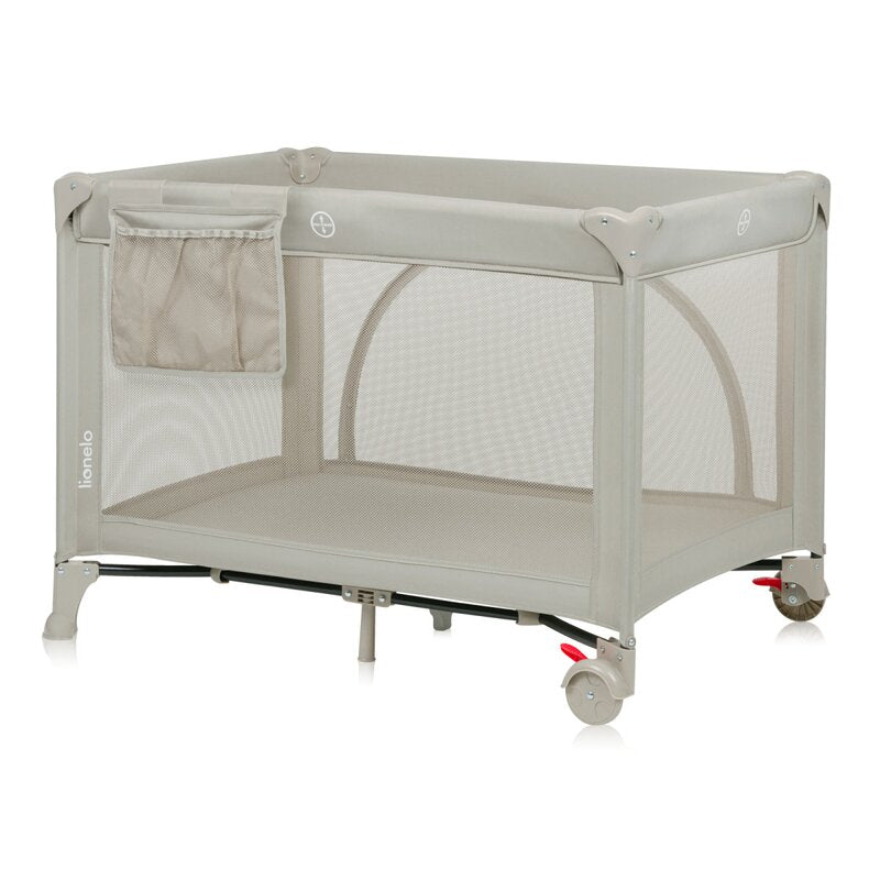 Patut pliant, Lionelo, Laura, 102 x 74 cm, Cu doua nivele, Functie de tarc, Cu roti, Include salteluta si geanta de transport, Pereti din plasa, Deschidere laterala, Pana la 15 kg, 0 luni +, Bej