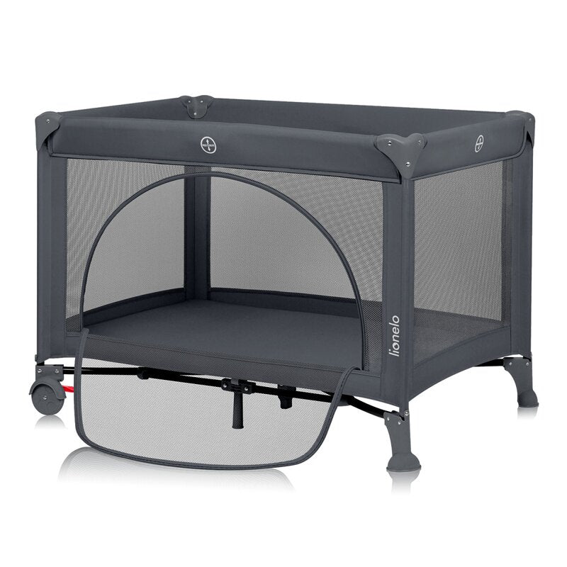 Patut pliant, Lionelo, Laura, 102 x 74 cm, Cu doua nivele, Functie de tarc, Cu roti, Include salteluta si geanta de transport, Pereti din plasa, Deschidere laterala, Pana la 15 kg, 0 luni +, Gri